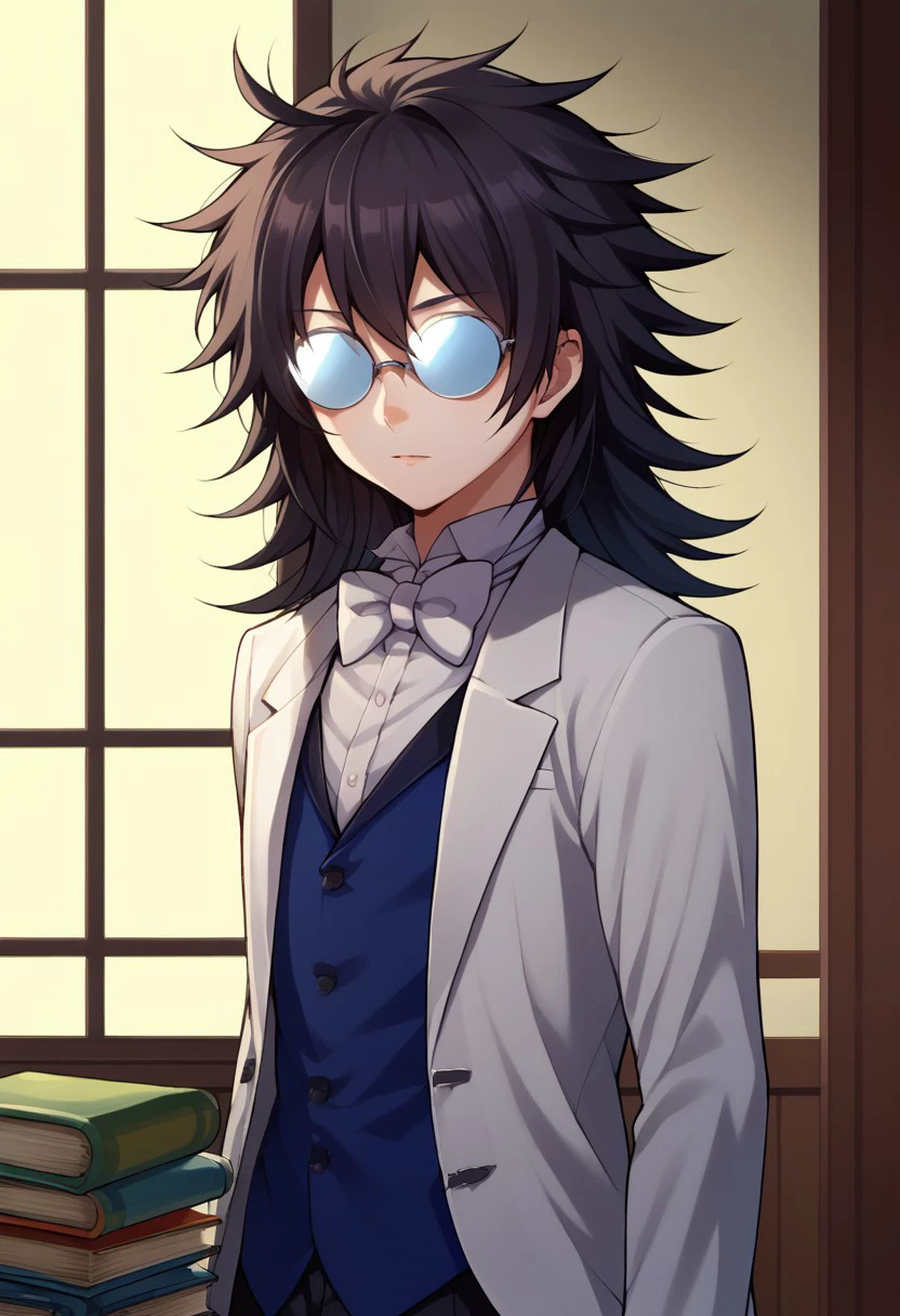 score_9, score_8_up, score_7_up, source_anime, highly detailed, 
leopa, male focus, solo, glasses, 1boy, book, opaque glasses, black hair, long hair, messy hair, bowtie, bow, bowtie, white bowtie, coke-bottle glasses, formal, suit, white suit, jacket, white jacket, vest,  blue vest, upper body,