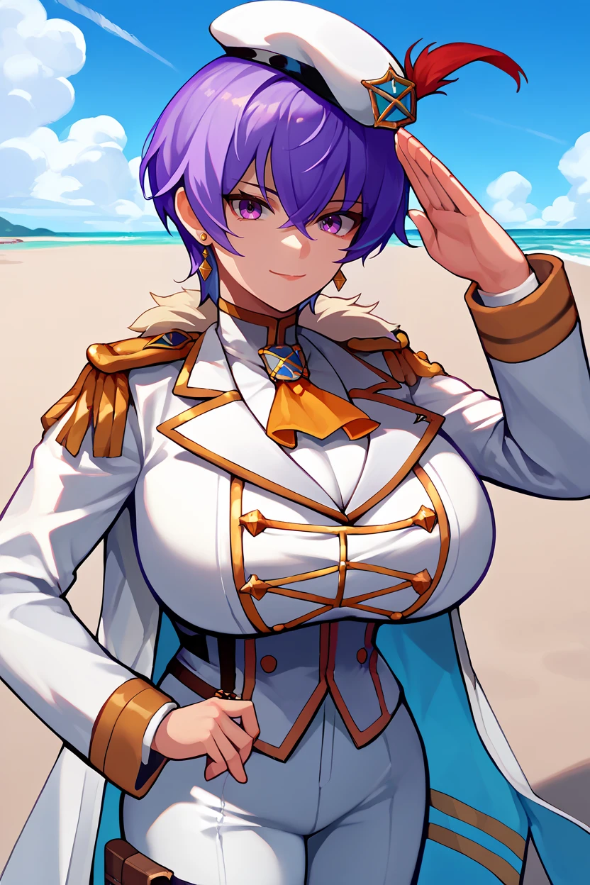 score_9, score_8_up, score_7_up, score_6_up, source_anime, 1girl, solo <lora:aigisleona-pdxl-nvwls-v1-000006:1> aigisLeona, purple hair, short hair, earrings, white beret, white jacket, epaulettes, long sleeves, military uniform, white pants, huge breasts, salute, blue sky, looking at you, happy, ascot, ocean