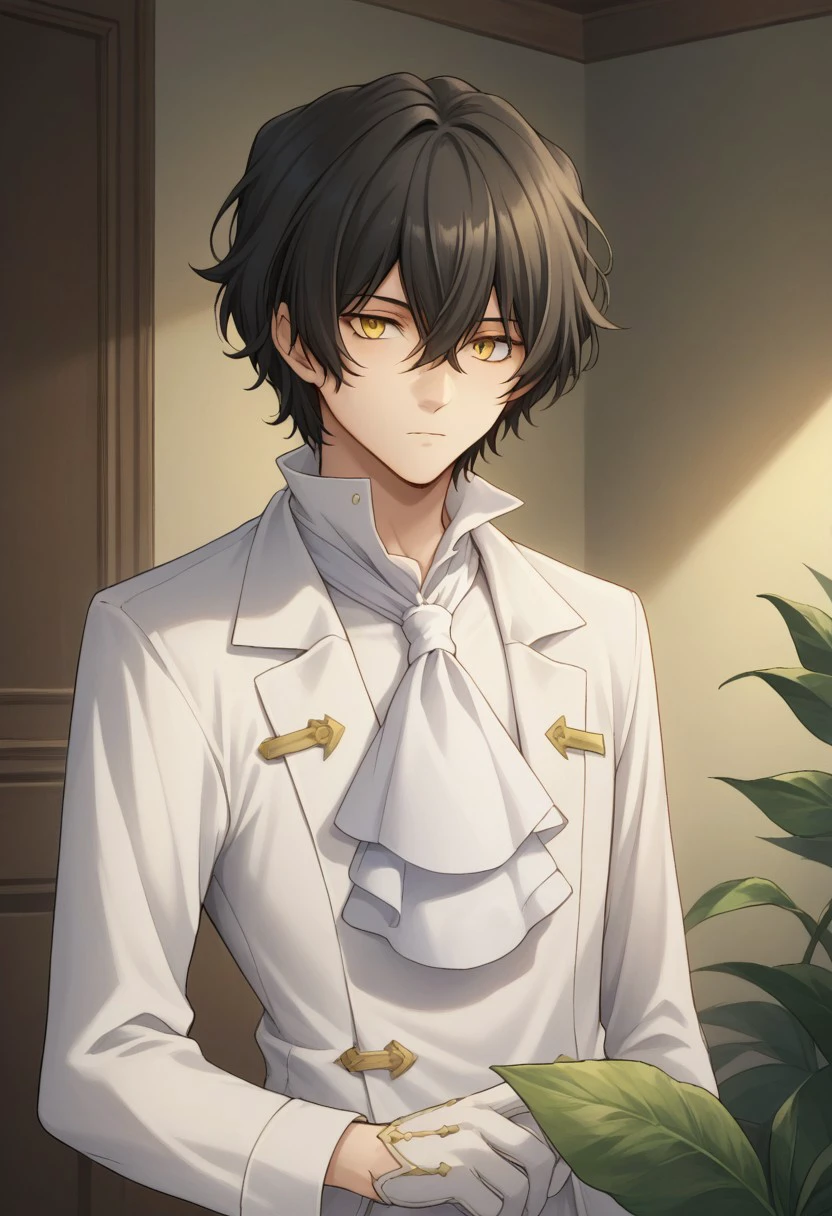 score_9, score_8_up, score_7_up, source_anime, highly detailed, 
gilbert, 1boy, male focus, gloves, solo, yellow eyes, 
hair between eyes, ascot, closed mouth, shirt, leaf, white shirt, short hair,
long sleeves, black hair, upper body, bangs, 
indoor, room,