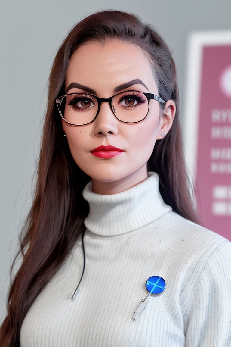 sydneywatson-2709, , ((detailed skin, detailed face):1.2), ((detailed eyes, beautiful eyes):1.2), ((red lipstick, blush, eyeliner, eye shadow, pale skin)), , photo of a woman, ((glasses, turtleneck sweater, stethoscope, clipboard, medical office))