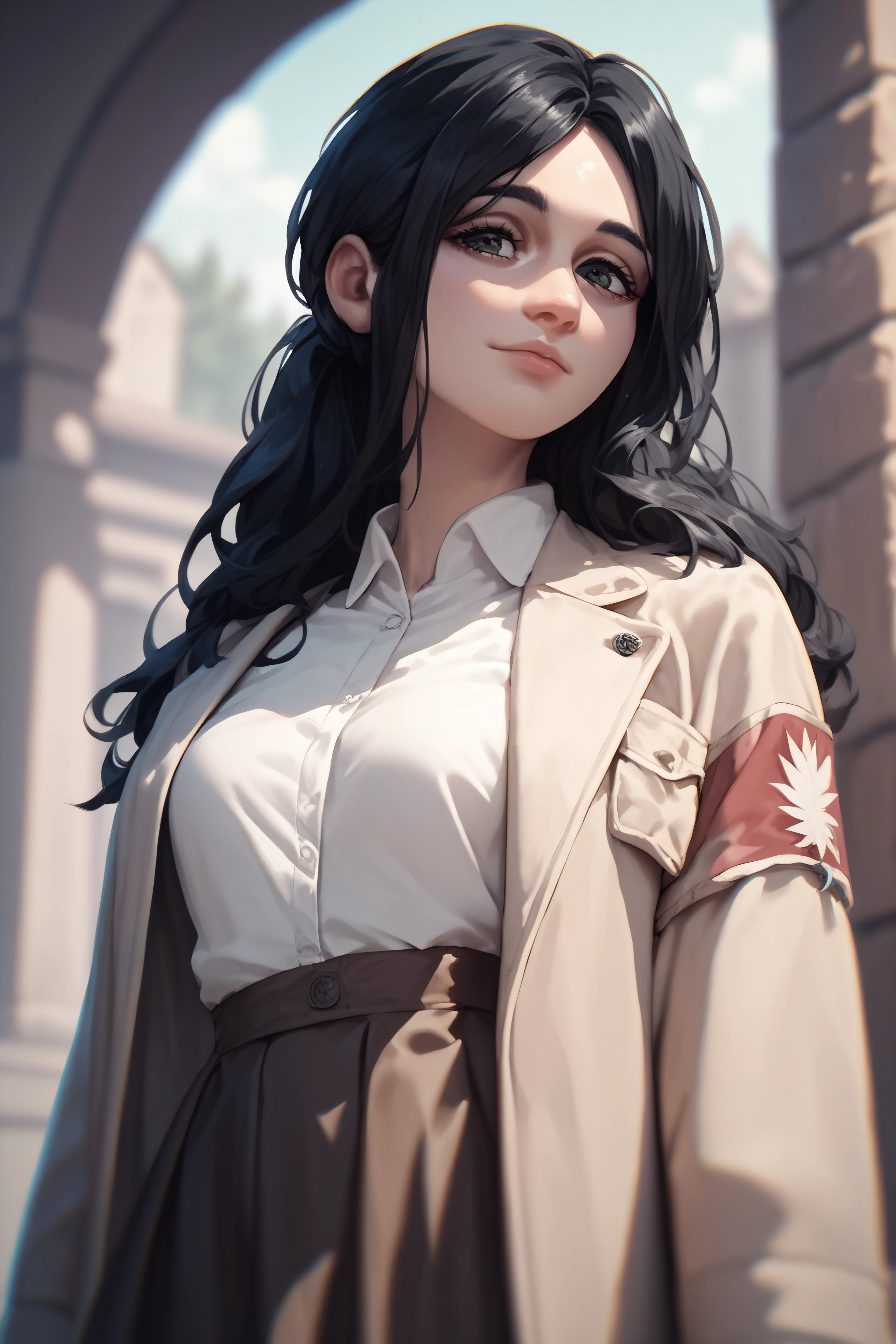 score_9, score_8_up, score_7_up, score_6_up, score_5_up, score_4_up, source_anime, <lora:Pieck Finger-PonyXL-lora-Faxtron:0.8> pieck finger, black eyes, black hair, long hair, medium breasts, beige jacket, white shirt, brown skirt,