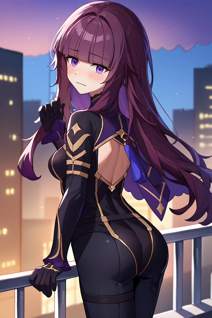 score_9, score_8_up, score_7_up, score_6_up, source_anime, 1girl, solo, <lora:eta-pdxl-nvwls-v1:1> eta, purple hair, blunt bangs, long hair, black bodysuit, gold trim, black gloves, black pants, medium breasts, from behind, looking at you, wavy mouth, blush, railing, city, night sky, medium breasts