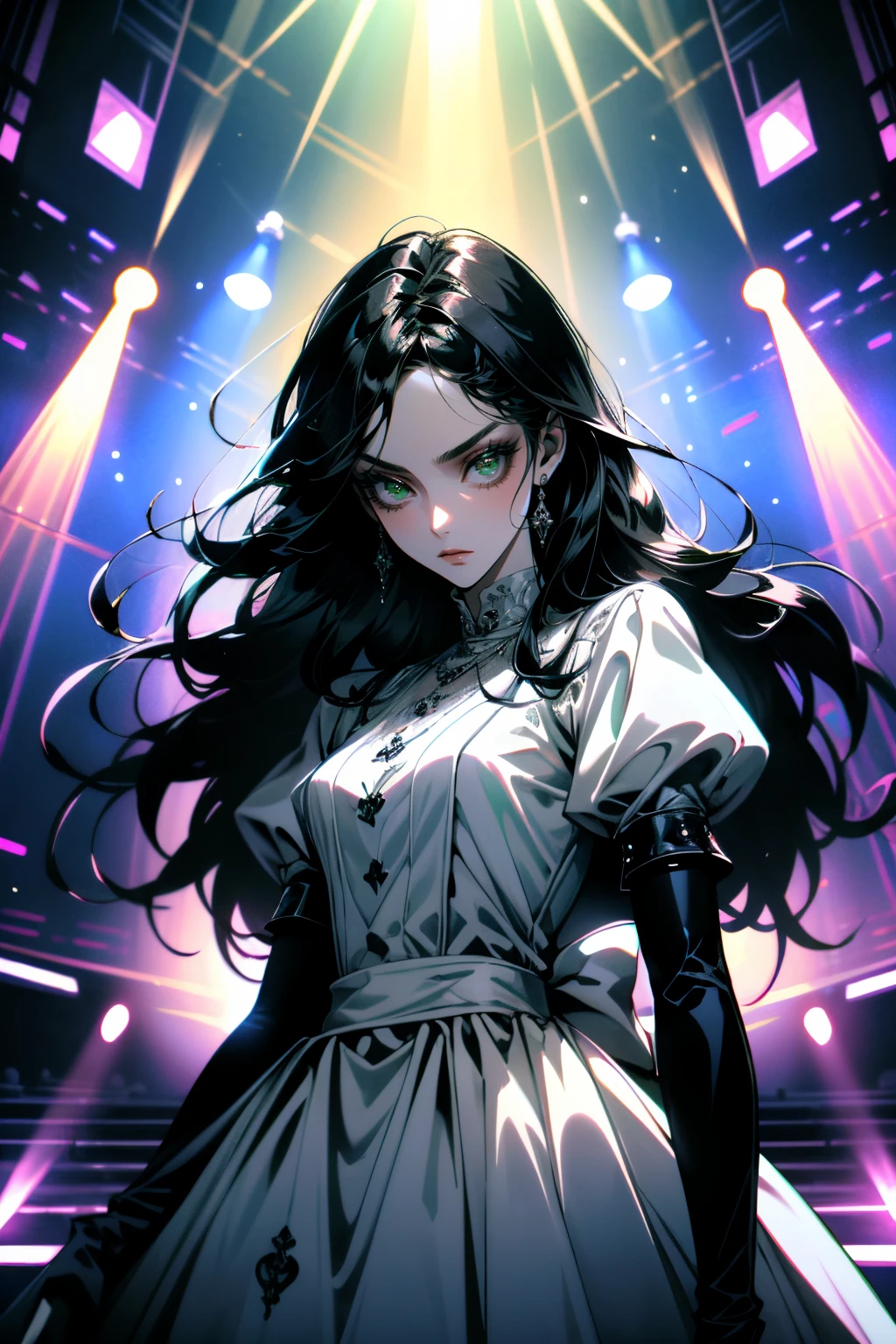 ((ultra detailed, masterpiece, absurdres))
<lora:AliceMadness:0.8>
AliceMadness, 1girl, long hair, black hair, green eyes, looking at viewer, against a concert stage background. The lighting style should mimic stage lights, creating dramatic effects