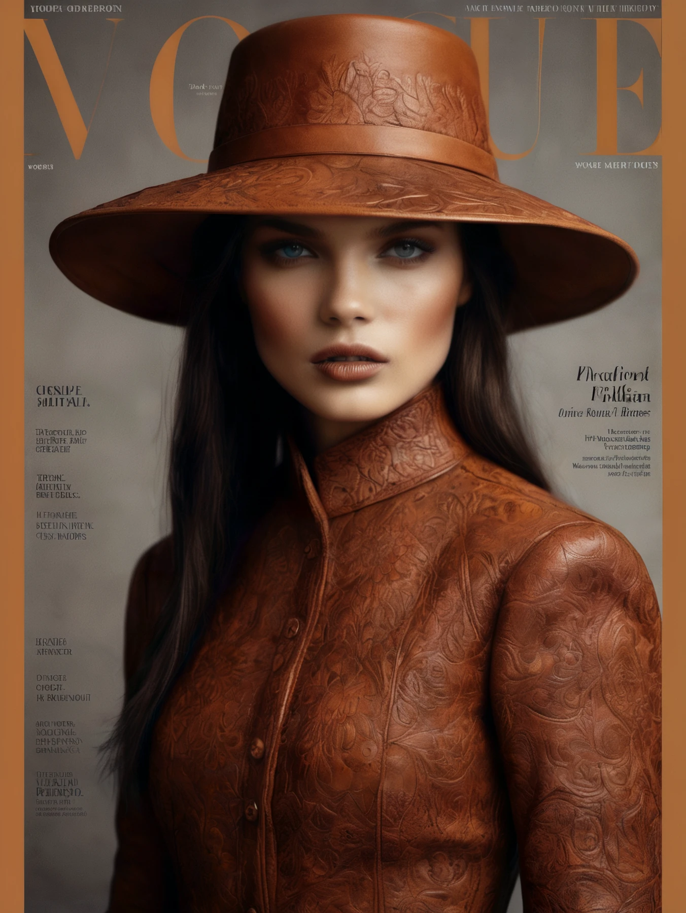 photo, highly detailed, 

A magazine cover "Vogue". Fashion edition.

A beautiful leather woman. Detailed embossed leather hat.

Warm tones. Warm hues.,

<lora:MadeOfLeather01_CE_SDXL:0.6>

LthrCE