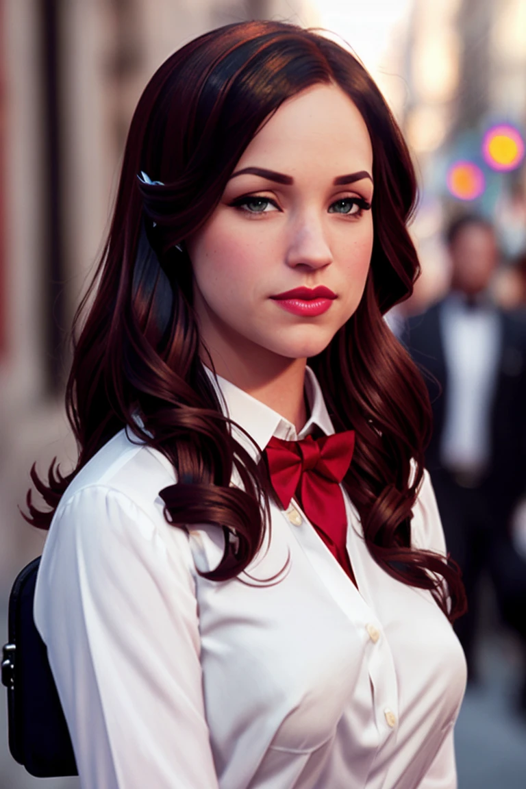 alexisknapp-3945, ((detailed skin, detailed face):1.2), ((detailed eyes, beautiful eyes):1.2),((red lipstick, blush, eye shadow, eyeliner, pale skin)), , photo of a woman, ,beautiful picture, fully clothed, outside, ((bowtie, thighhighs, shirt, skirt)), city street, sunset, detailed, epic, closeup,