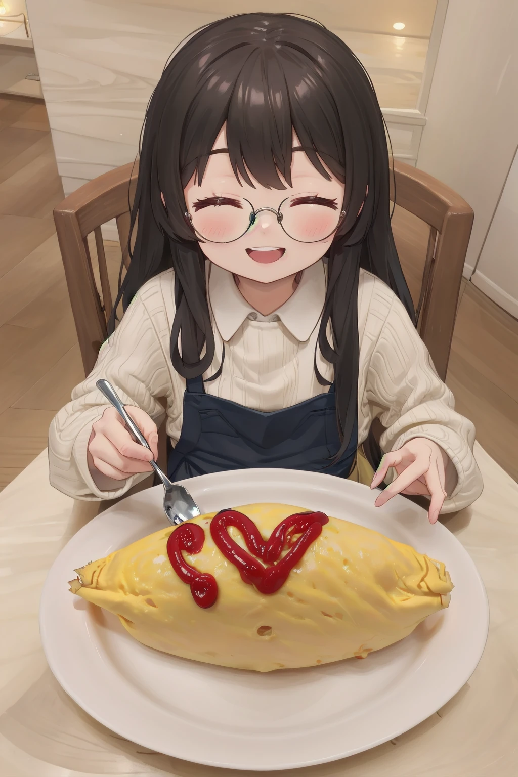 masterpiece, best quality, very aesthetic, absurdres,  
1girl, solo, glasses, black hair, long hair, white ribbed sweater, black apron,  happy, smile, looking at viewer, closed eyes, open mouth, sitting, across table, 
BREAK
omurice_heart, heart, plate, ketchup:1.2), spoon, 
 <lora:omurice_heart_SD15_V1:1>