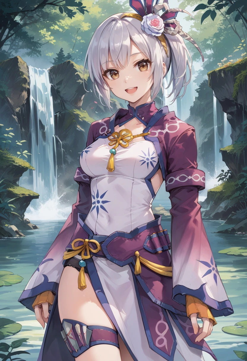 (score_9:0.9),score_8_up,score_7_up,rating_safe,anime style,(zPDXL),<lora:Gobul armor ponyXL v1.2:0.75>,gobul x gunner armor,white hair ornament,purple thigh strap,white chinese dress,purple long sleeves,1girl,solo,short hair,smile,brown eyes,lake,waterfall,open mouth,medium breasts,simple background,