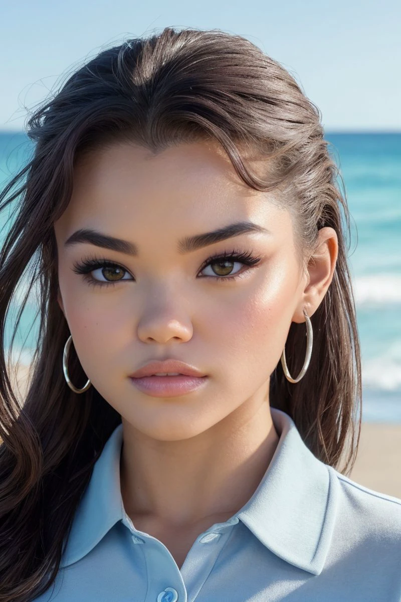 closeup headshot of S476_ParisBerelc,a beautiful woman,on a (beach:1.1),wearing a (polo-shirt),(4k, RAW photo, best quality, 50mm, depth of field, ultra high res:1.1),(intricate, photorealistic, cinematic-shot, masterpiece, ultra-detailed:1.1),