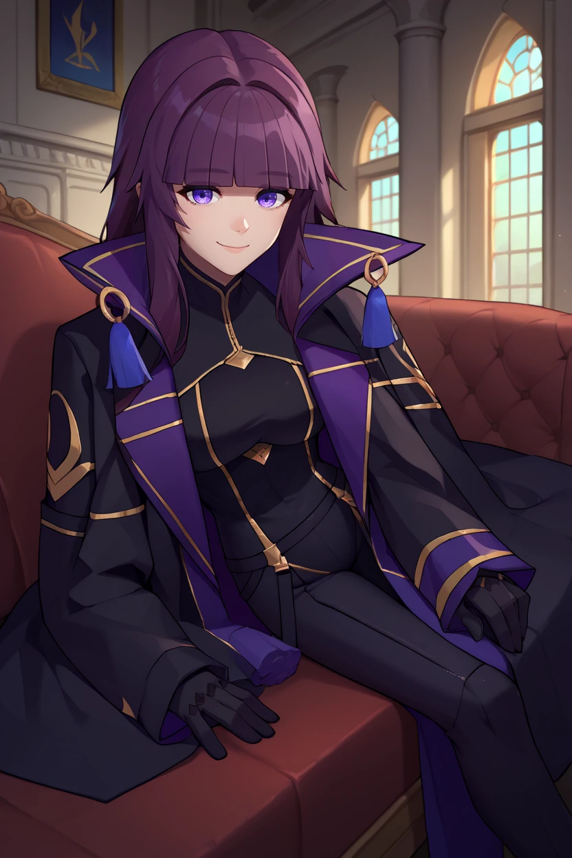 score_9, score_8_up, score_7_up, score_6_up, source_anime, 1girl, solo, <lora:eta-pdxl-nvwls-v1:1> eta, purple hair, blunt bangs, long hair, black coat, coat on shoulders, black bodysuit, gold trim, black gloves, black pants, lying on side, couch, indoors, mansion, smile, looking at you