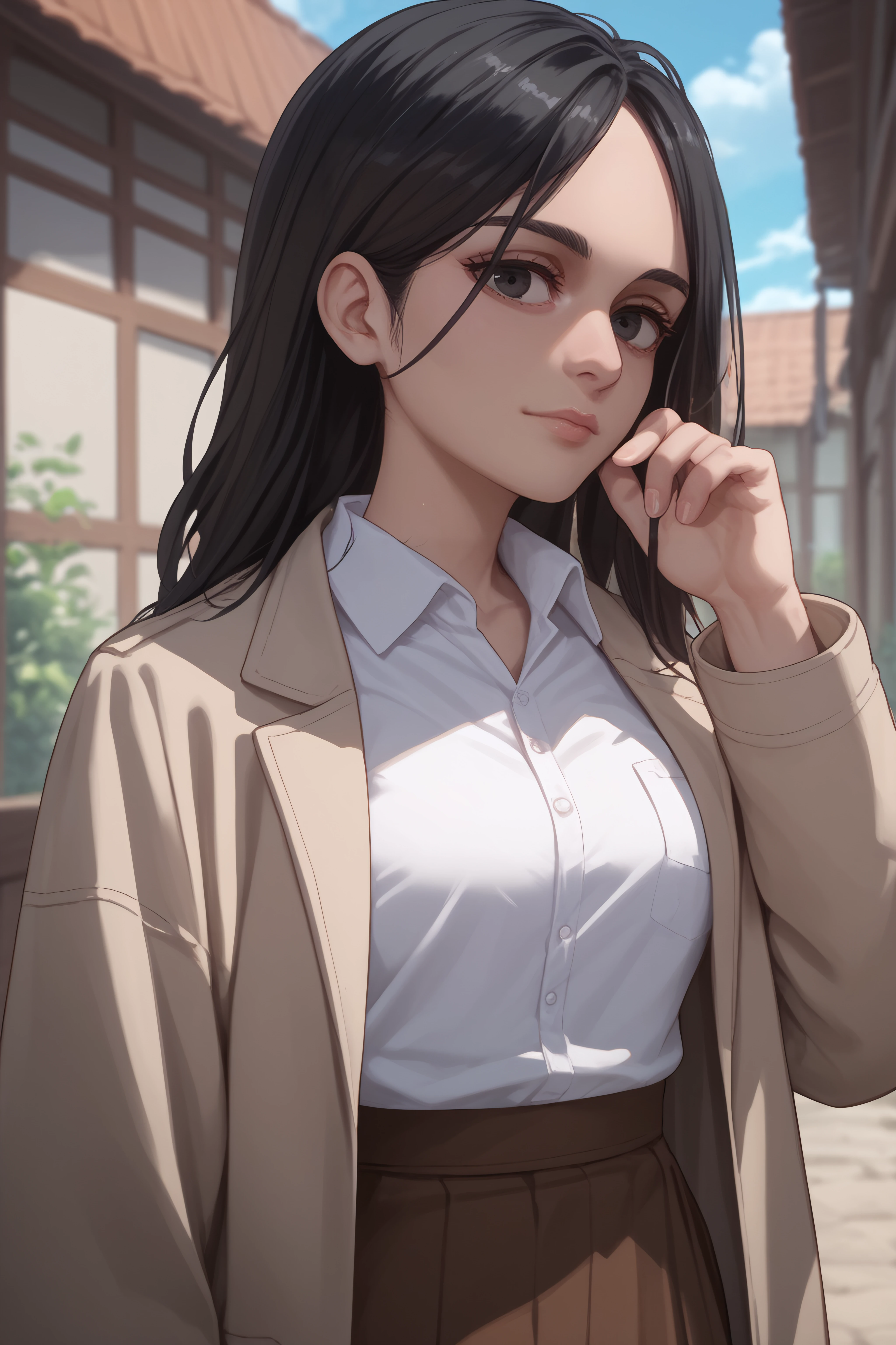 score_9, score_8_up, score_7_up, score_6_up, score_5_up, score_4_up, source_anime, <lora:Pieck Finger-PonyXL-lora-Faxtron:0.8> pieck finger, black eyes, black hair, long hair, medium breasts, beige jacket, white shirt, brown skirt,