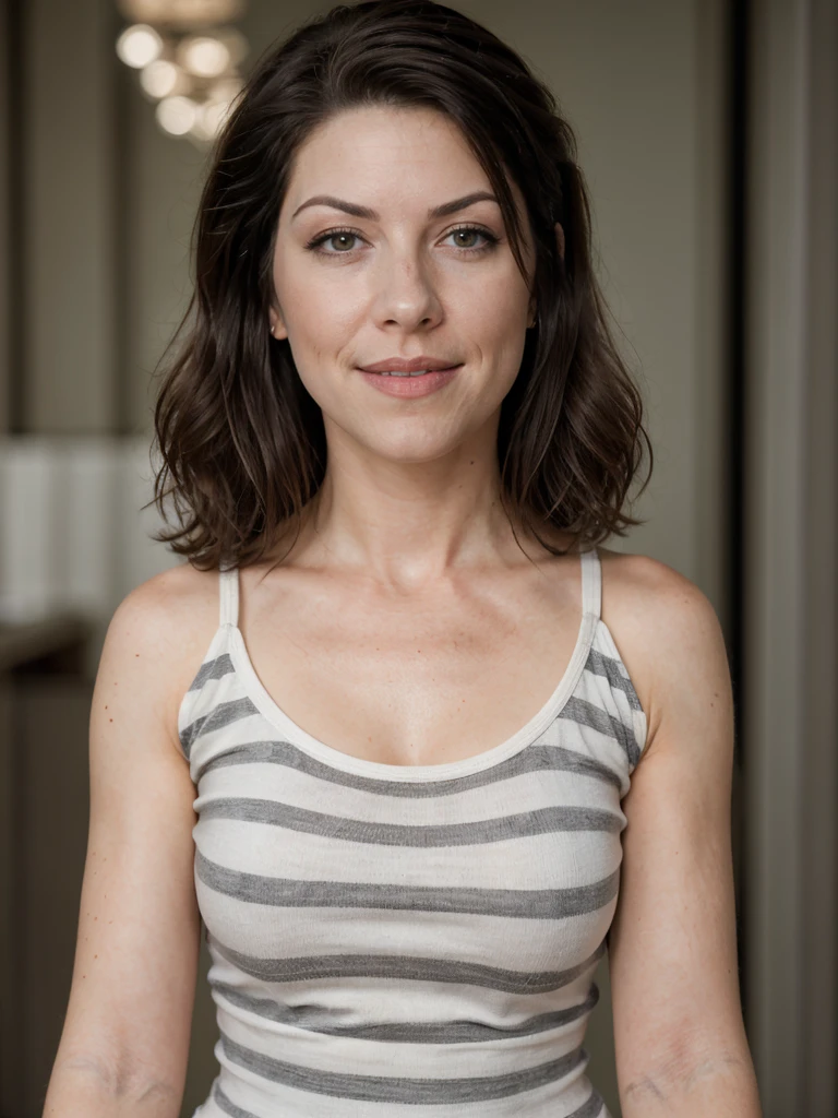 best quality,masterpiece,realistic,1girl, youthful, rosy,solo,Short Bob hair,t-shirt, make up,smooth skin, Marina Aleksandrova, upper body, <lora:Marina Aleksandrova-V3:1>,simple background,