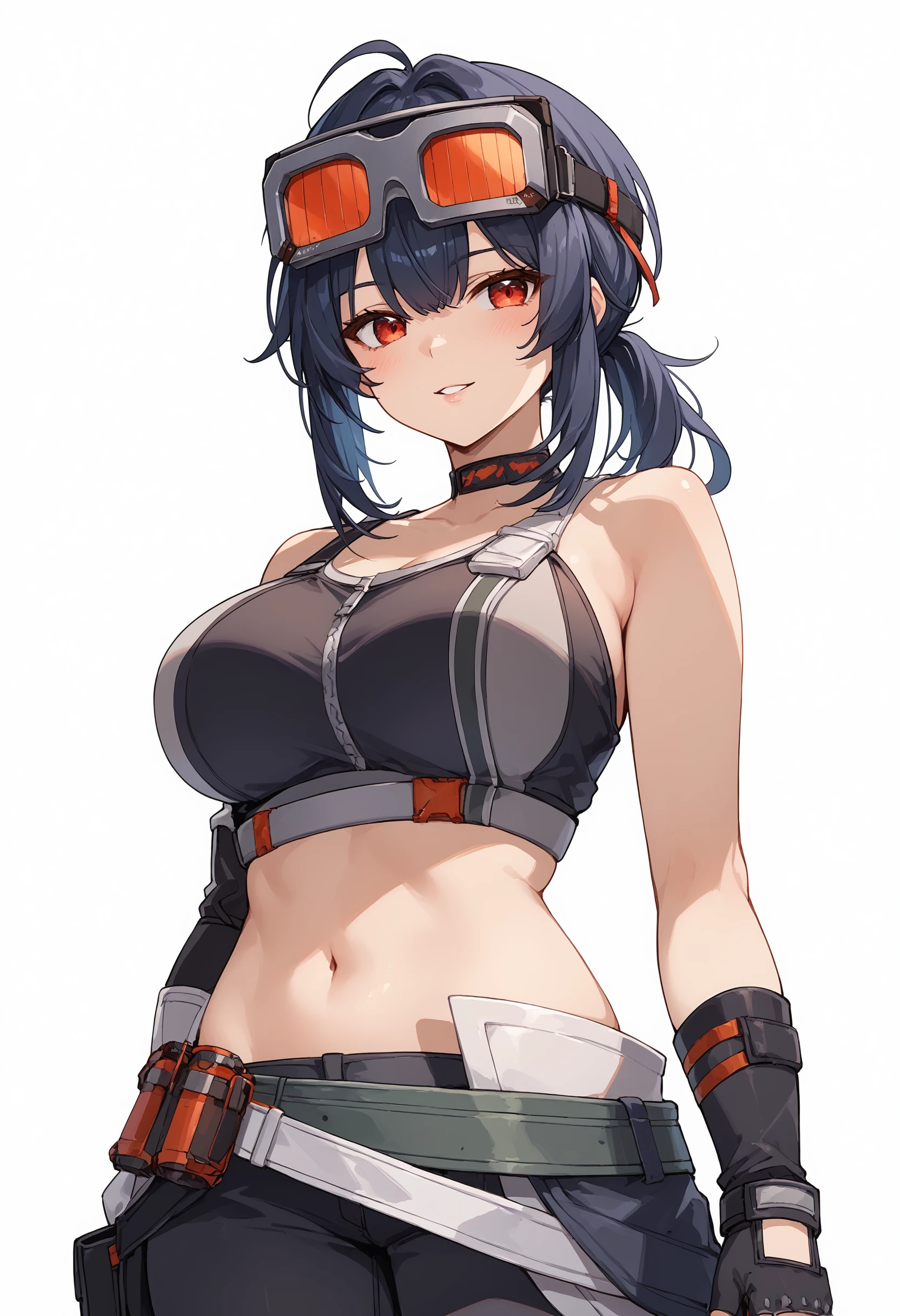 score_9, score_8_up, score_7_up, score_6_up , source_anime, vivid colors, 
grace howard, ahoge, red eyes, goggles on head, gloves, large breasts, midriff, choker, red eyes, bare shoulders, crop top, pants, parted lips, light smile, looking at viewer, blush,
cowboy shot, simple background, white background, 
 <lora:grace_howard:1>