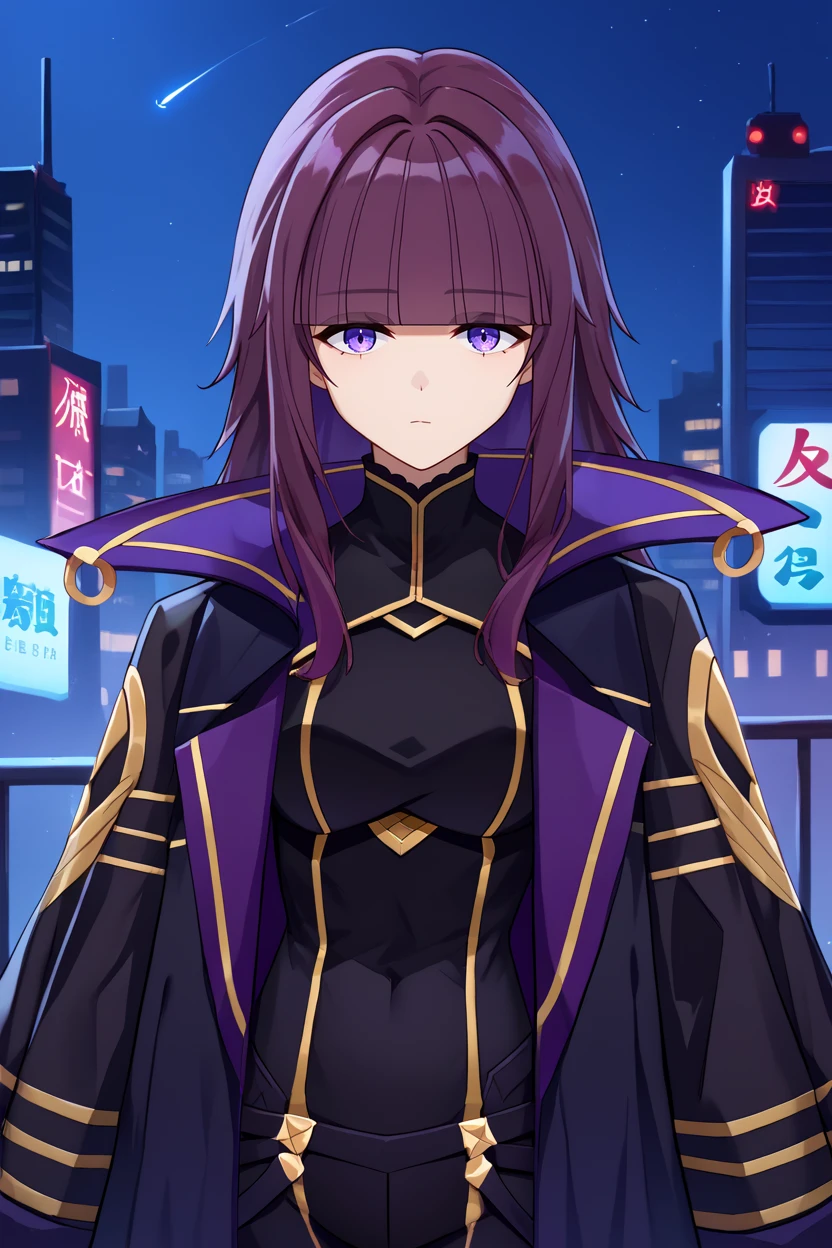 score_9, score_8_up, score_7_up, score_6_up, source_anime, 1girl, <lora:eta-pdxl-nvwls-v1:1> eta, purple hair, blunt bangs, long hair, black coat, coat on shoulders, black bodysuit, gold trim, black gloves, black pants, looking at you, night, city, upper body, looking at you, tired, medium breasts