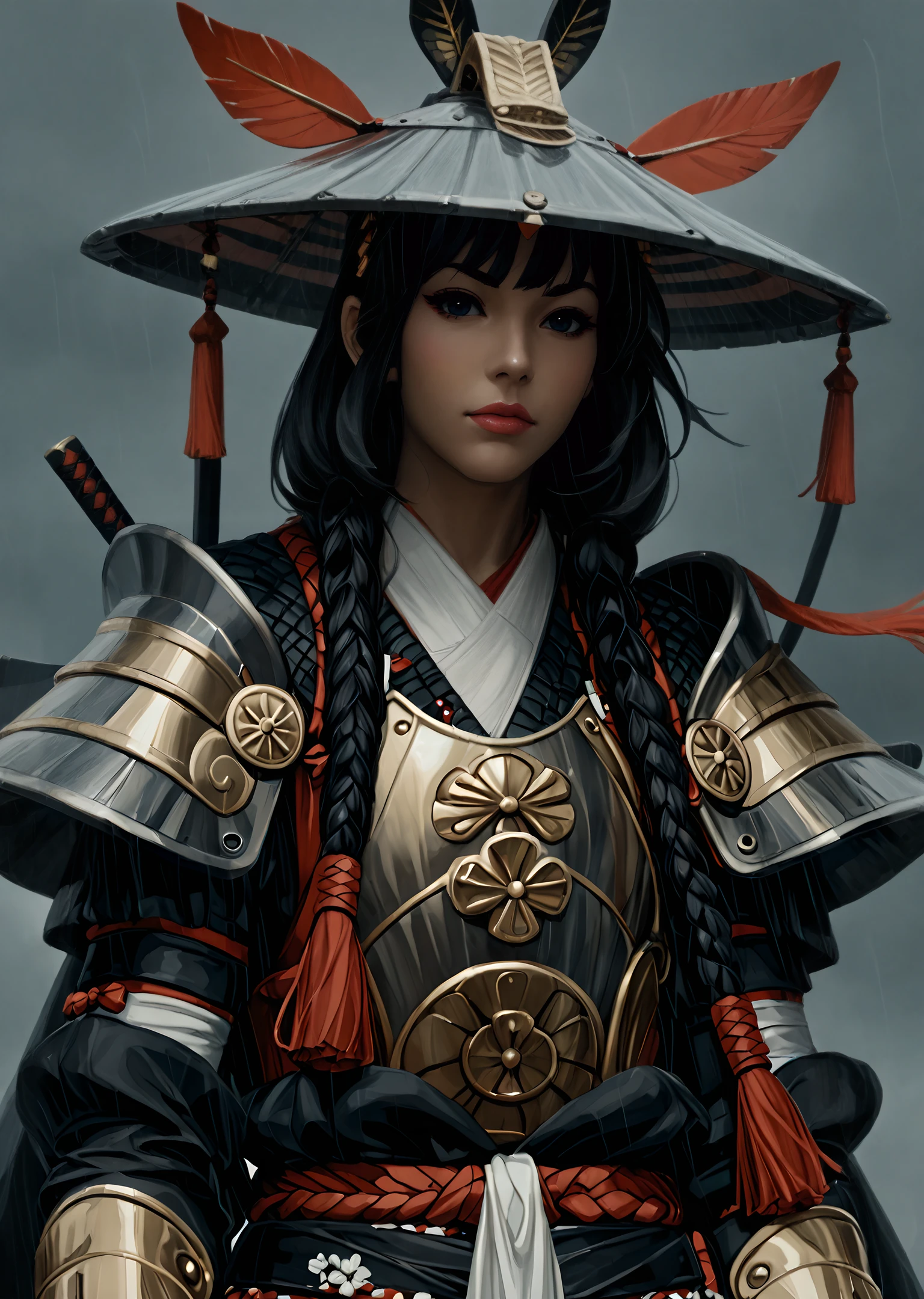 Score_9, score_8_up, score_7_up, score_6
(high-resolution, detailed texture, award winning, stunning, masterpiece, best quality, absurdres)
OMFV2 1girl, solo, long hair, bangs, black hair, twintails, upper body, japanese clothes, armor, black eyes, grey eyes, mask, low twintails, helmet, shoulder armor, rain, realistic, japanese armor, sode, samurai, kabuto (helmet)
<lora:intricate_details:0.8> intricate_details_xl <lora:more_details:0.8> <lora:Our Muted Future Pony V2:1.8>