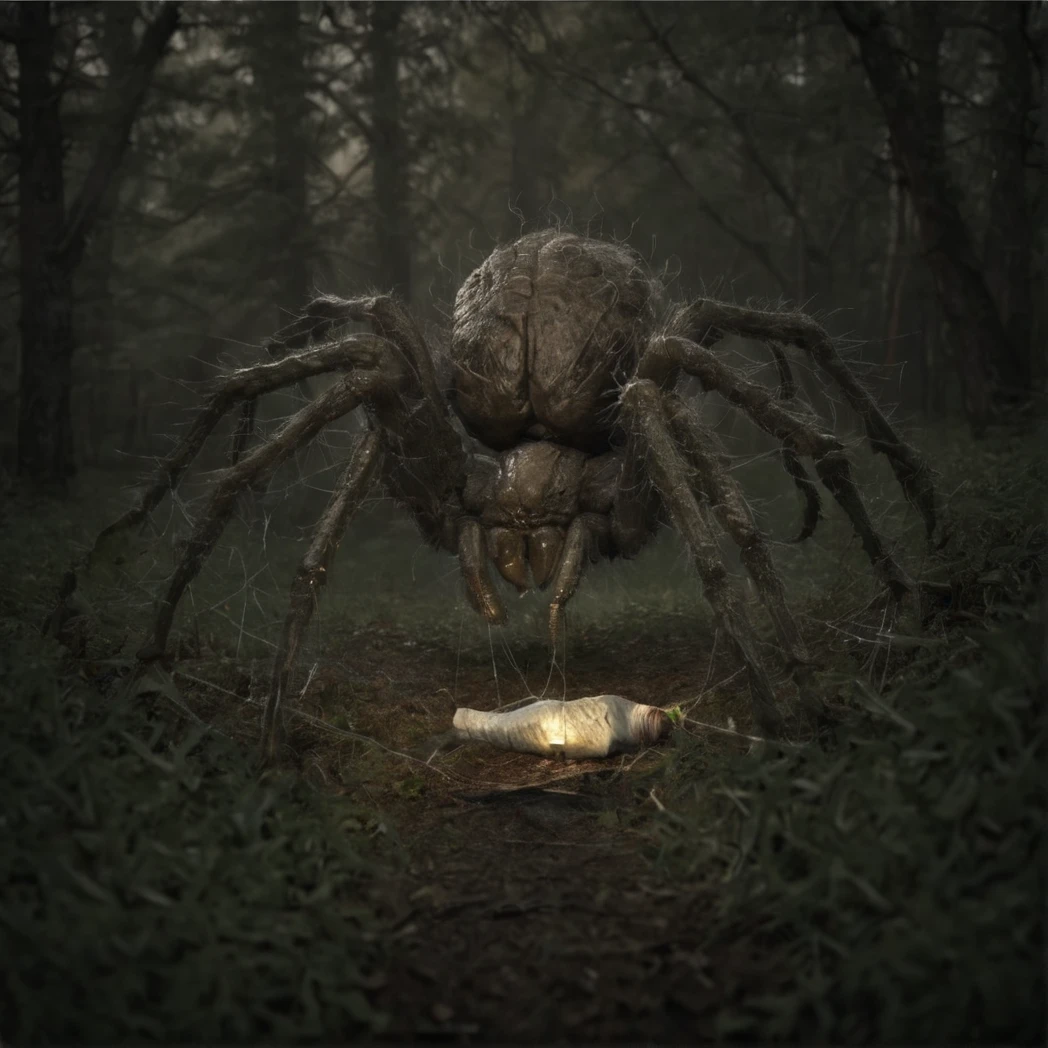 (Spider), Spider web, Spider webs, Spider silk, (Eight legs, four on each side), full body, day, natural Light, Spider hatchlings, Spider cocoon, person in a cocoon, (creature, monster), (UHD, 8K, ultra detailed, looking at the camera, moody forest, highly detailed, best quality, high detail, amazing detail, masterful, work of a master, highly detailed background, shallow depth of field, photorealistic, RAW image, 8k high resolution, ray tracing, realistic, volumetric lighting), 
