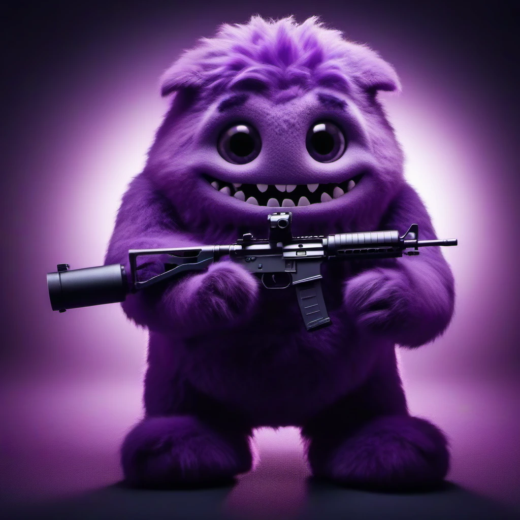 cinematic photo purple fur monster, holds a machinegun <lora:Blue1024:0.8> . 35mm photograph, film, bokeh, professional, 4k, highly detailed