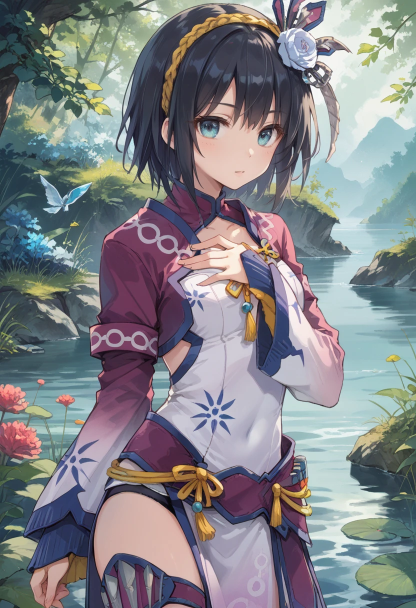 (score_9:0.9),score_8_up,score_7_up,rating_safe,anime style,(zPDXL),<lora:Gobul armor ponyXL v1.2:0.75>,gobul x gunner armor,white hair ornament,purple thigh strap,white chinese dress,purple long sleeves,1girl,solo,short hair,water,lake,standing,black hair,hand on own chest,upper body,