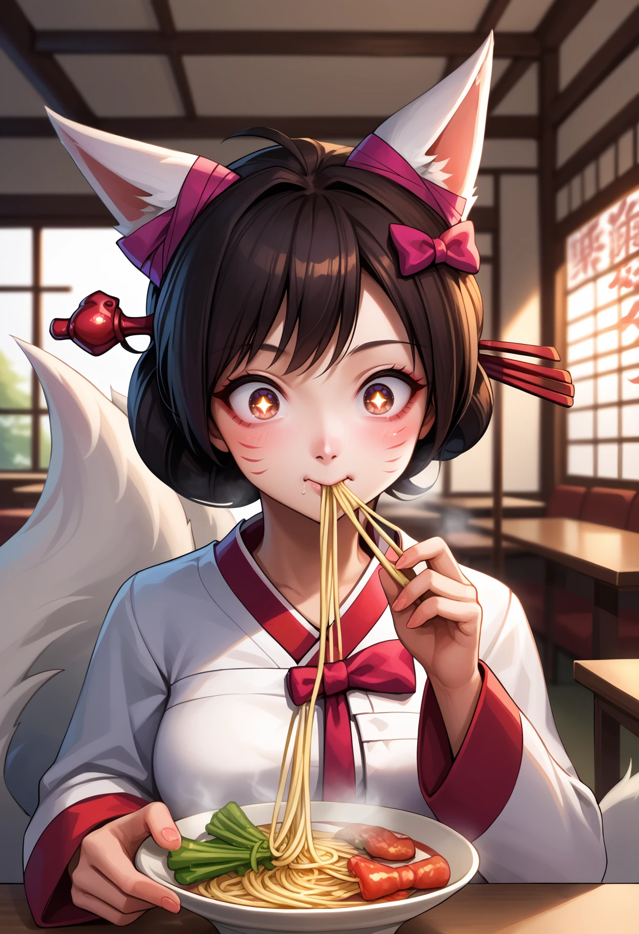 score_9,score_7_up, ahridynasty, animal ears, facial mark, fox tail,  multiple tails, short hair, black hair, breasts, hair Ornament, hair stick, korean clothes, hanbok, bow, ribbon, long sleeve, bust portrait, upper body, holding chopsticks, eating, closed mouth,sparkling eyes, pasta, ramen, steam, restaurant, indoors, east asian architecture, hand up, white tail, blurred background, solo, slurping, wide-eyed, facing viewer, looking down, happy, <lora:Ahri_Dynasty_pdxl_Incrs_v1:1>