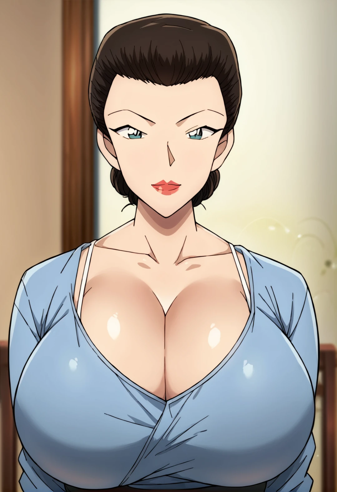 score_9, score_8_up, score_7_up,score_6_up,
((1girl,solo,upper body,front view,milf,)hyper gigantic breasts,),
 thick thighs, thick ass, curvy ass, 
large ass, large hips,
covered breasts, 
Shizuka Hattori,black_hair, hair_bun,short hair,hair_pulled_back, single_hair_bun,no bangs,red_lips, lipstick, black_eyes,makeup,blue clothes,long dress, 
(blurry background, ),
<lora:PROject-AnImE-V1:1>,
<lora:PONY_Shizuka_Hattori_Anime_Detective_Conan:1>,