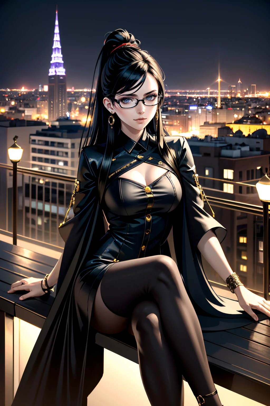 ((ultra detailed, masterpiece, absurdres))
<lora:BBayo:0.8>
BBayo, 1girl, long hair, black hair, glasses, looking at viewer, overlooking the city from a rooftop bar at night, chic outfit, sitting