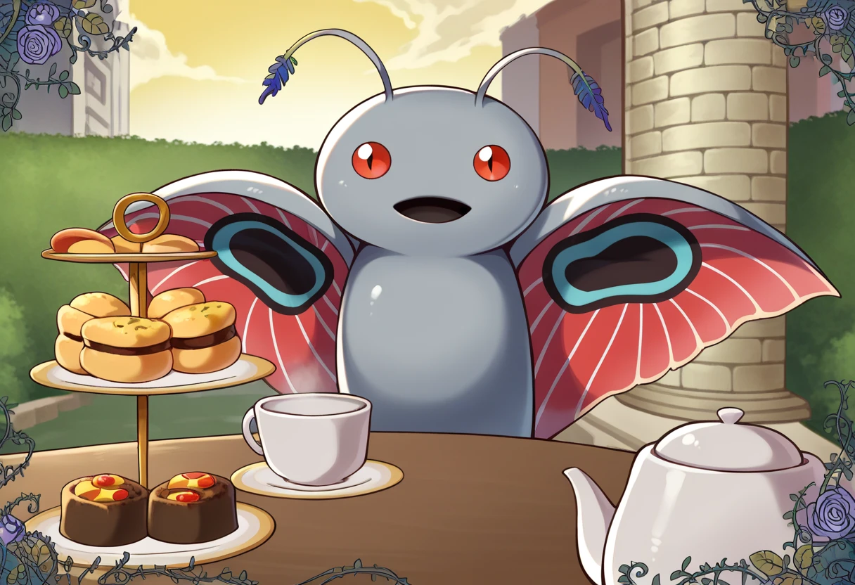 score_9, score_8_up, score_7_up, source_anime, BREAK, solo, looking at viewer,  <lora:Teatime-pdxl_Fp:1>, teatime, table, food, cup, teacup, teapot, outdoors, sky, pokemon \(creature\), <lora:Mothman-pdxl_Fp:1>, mothman, red eyes, open mouth, antennae, grey skin, wings, yellow sky,