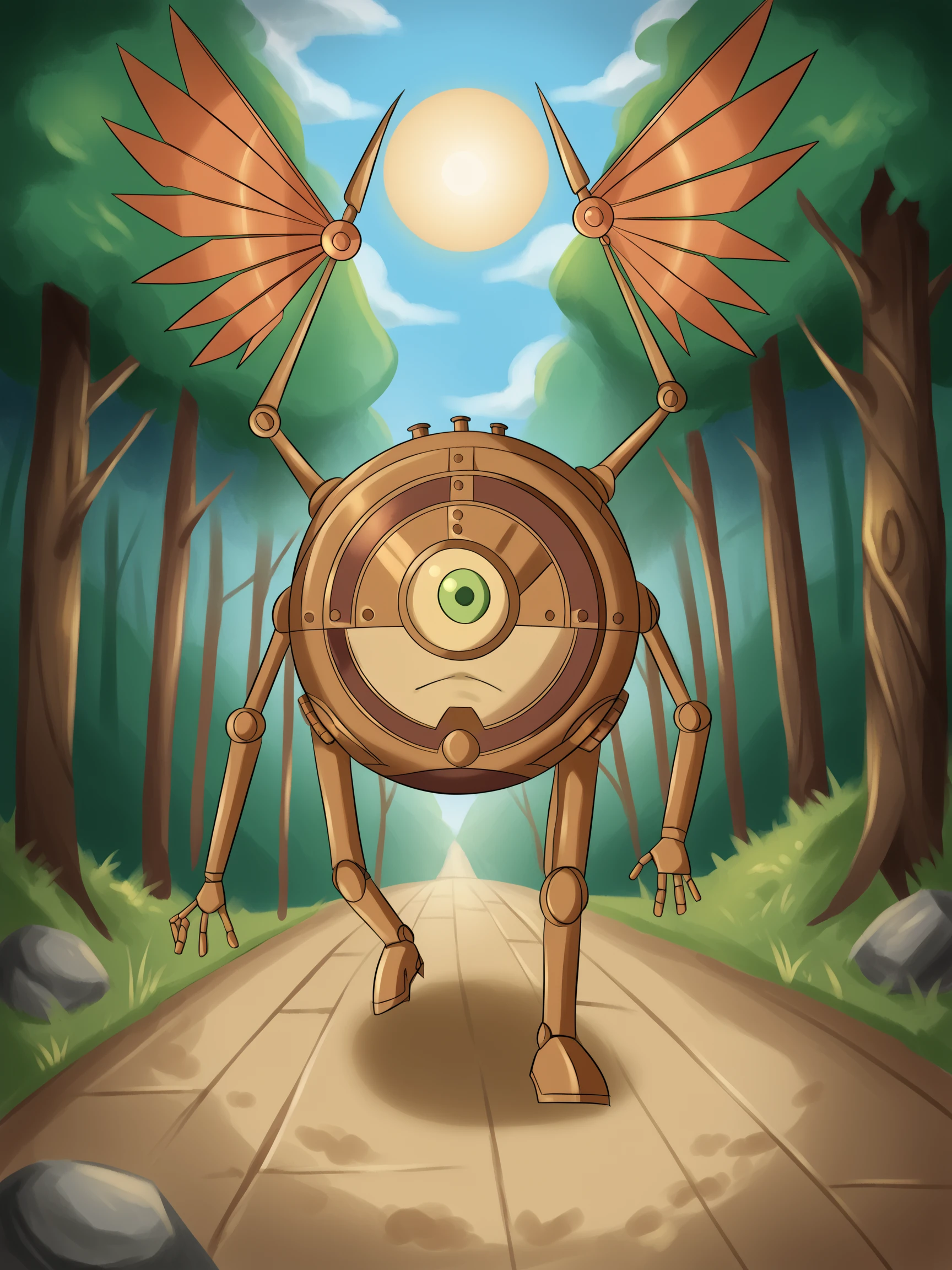 score_9, score_8_up, score_7_up, score_6_up, score_5_up, score_4_up,modrone robot adventurer,2 arms,solo,metal,circular shape,2 wings,cyclops,one eyed,walking,forest,trail,path,sun,fantasy,adventure,vibrant colors,happy<lora:ModronPonyV1>