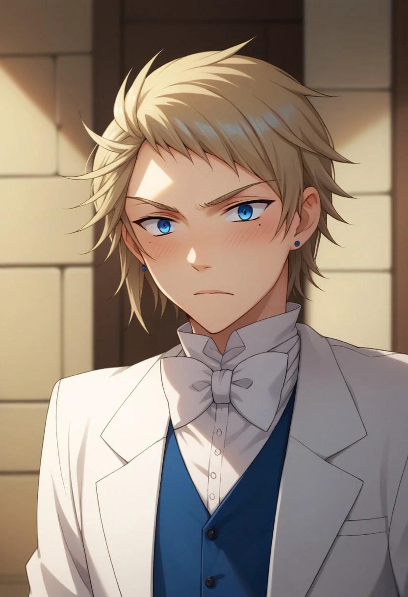 score_9, score_8_up, score_7_up, source_anime, highly detailed, 
elliot, 1boy, male focus, solo, earrings, bow, mole, bowtie, jewelry, blue eyes, mole under eye, formal, suit, blonde hair, upper body, white suit, vest,
blue vest, bowtie, white bowtie, blush, embarassed,