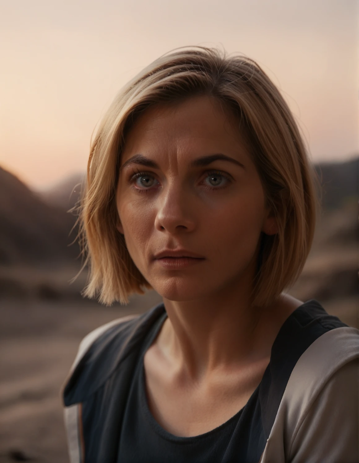 1girl,  blonde, short hair, outdoors ((Frontal)), sunset background<lora:13th_Doctor:0.7> 13thd0ctor, detailed eyes, ambar eyes, score_9, score_8_up, score_7_up, score_6_up