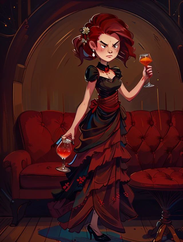 1girl, red hair, formal, high heels, long dress, night, holding, holding cocktail glass, grumpy, mad,