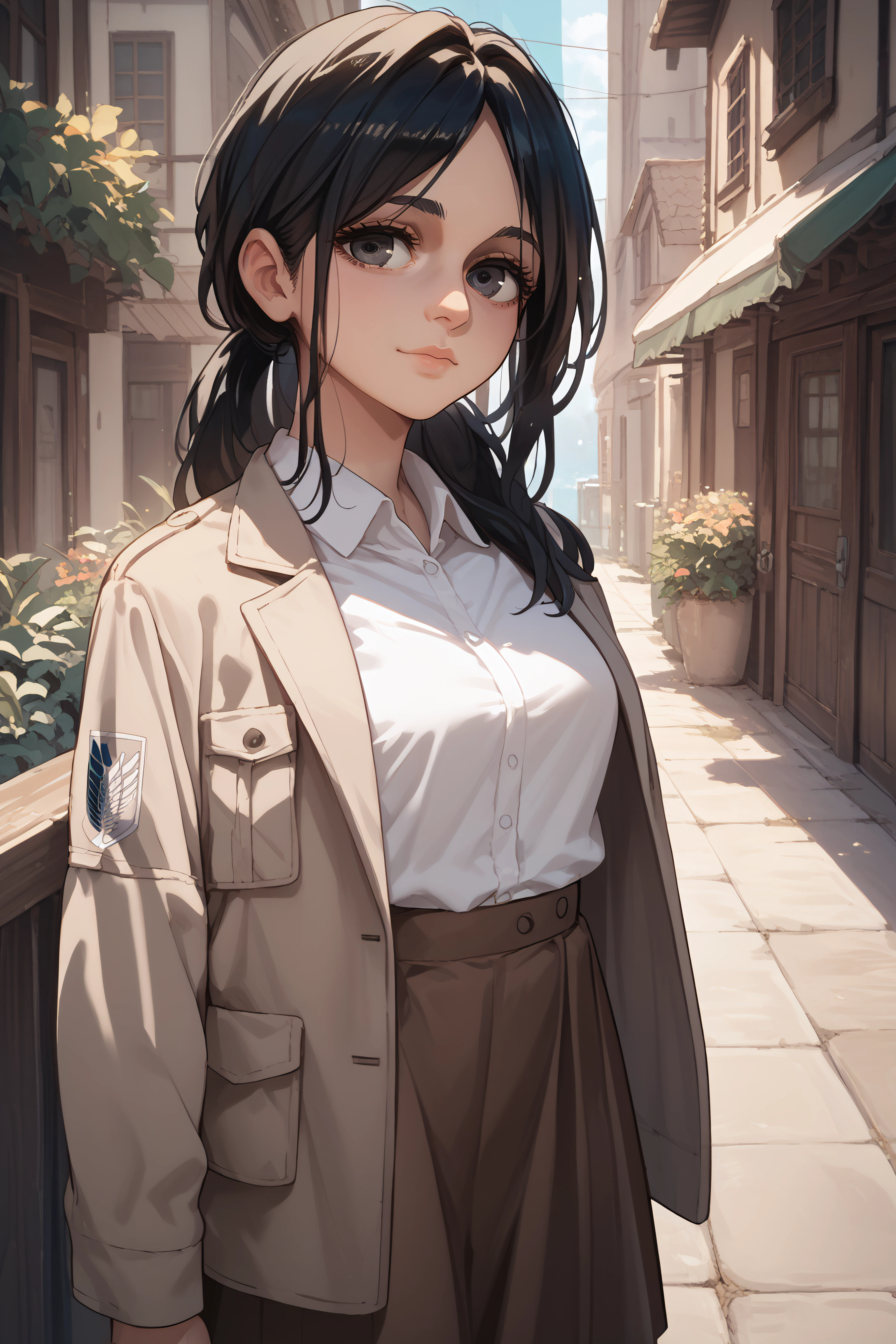 score_9, score_8_up, score_7_up, score_6_up, score_5_up, score_4_up, source_anime, <lora:Pieck Finger-PonyXL-lora-Faxtron:0.8> pieck finger, black eyes, black hair, long hair, medium breasts, beige jacket, white shirt, brown skirt,