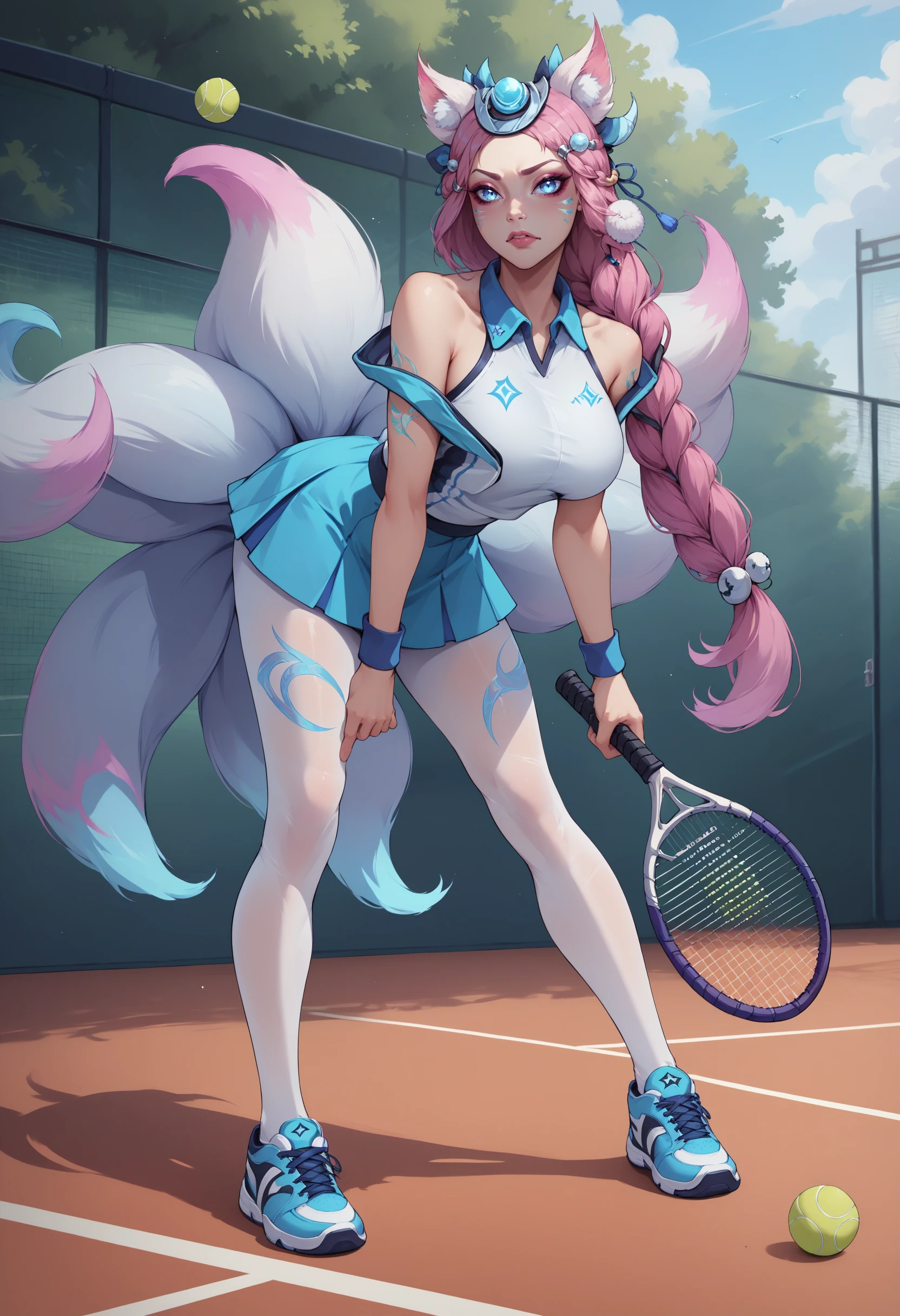 score_9, score_8_up, score_7_up, 1girl, ahriSnwMn, animal ears, facial mark, blue fox tail, multiple tails, long hair, braid, pink hair, blue eyes, large breasts, makeup, crescent, hair ornament, <lora:Ahri_SnowMoon_pdxl_Incrs_v1:1>, tattoo, sportwear, bare shoulder, tennis uniform, blue short dress, white pantyhose, shoes, full body, tennis ball, tennis, net, bent over, standing, holding tennis racket, stance,