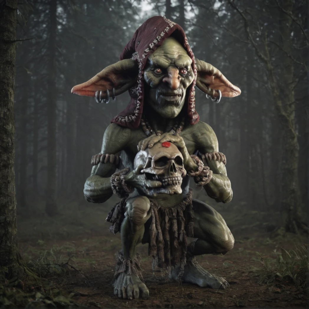 (Shaman Goblin), holding skull, hood, jewelry, earrings, full body, day, natural Light, (creature, monster, moody forest), (UHD, 8K, ultra detailed, looking at the camera, highly detailed, best quality, high detail, amazing detail, masterful, work of a master, highly detailed background, shallow depth of field, photorealistic, RAW image, 8k high resolution, ray tracing, realistic, volumetric lighting), 
