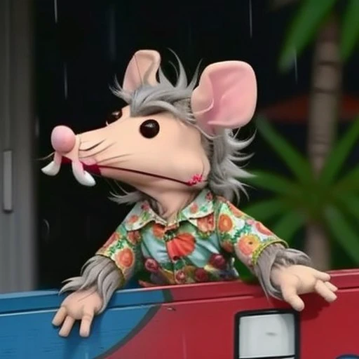 ratamx, closeup, anthropomorphic rat, chibi, cute, side view, funny, happy, wearing hawaiian shirt, on rainy street