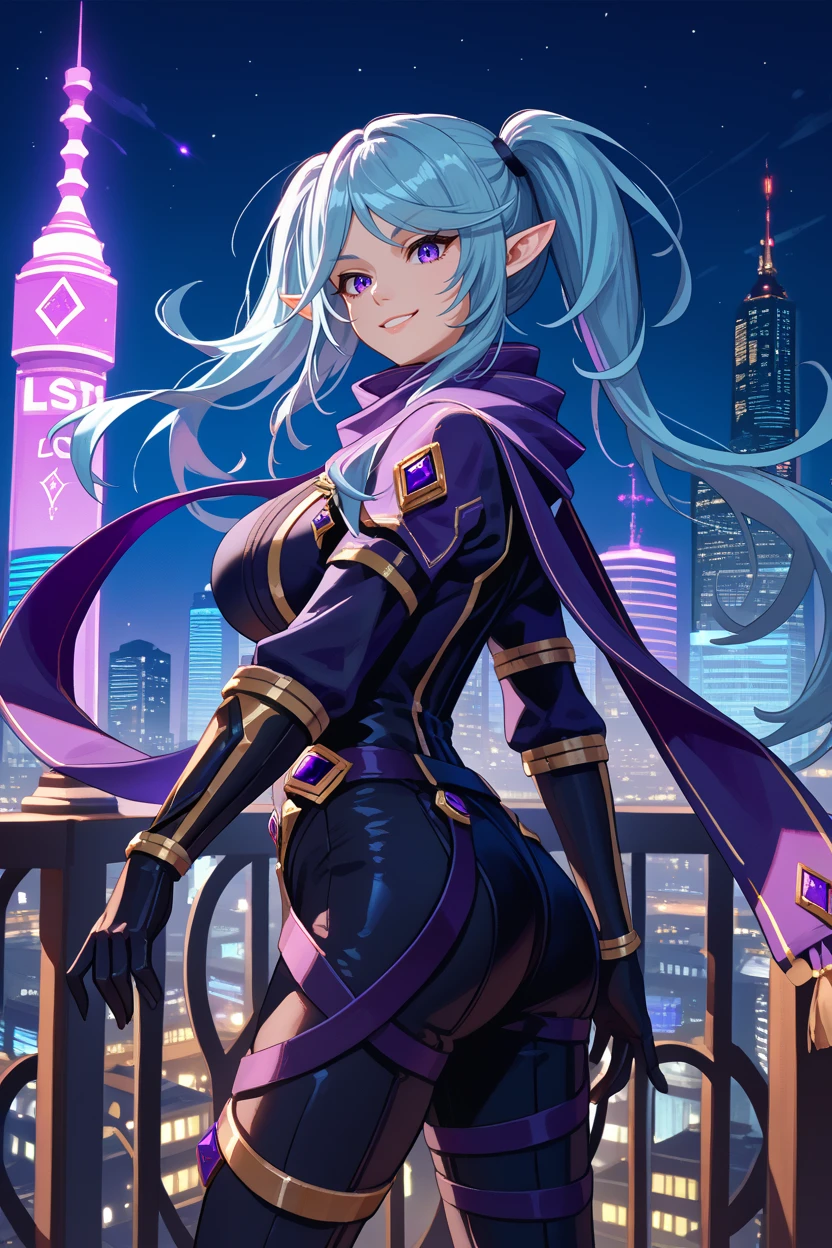 score_9, score_8_up, score_7_up, score_6_up, source_anime, 1girl, solo,  <lora:epsilon-pdxl-nvwls-v1-000008:1> epsilon, pointy ears, twintails, purple scarf, black bodysuit, gold trim, black gloves, black pants, thigh straps, upper body, large breasts, shiny clothes, from side, looking at you, smile, night, city