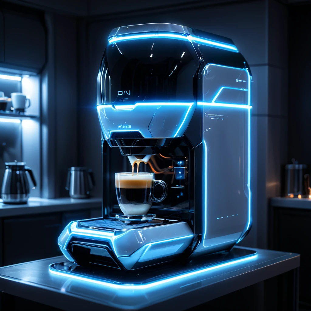 a divin coffee machine, standing in a futuristic kitchen brewing coffee, made of glossy silver and blue glow, delicate frame, deus ex human revolution, SilverPulse, masterpiece, best quality, highly detailed, sharp focus, dynamic lighting