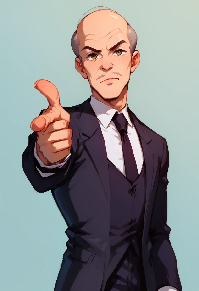 embedding:Pony\Positive\zPDXL2, score_9, score_8_up, score_7_up, 1boy, jerry_ts!, bald, grey hair, brown eyes, slim, mustache, facial hair, black suit, formal, tie, finger gun, pointing at viewer, simple background