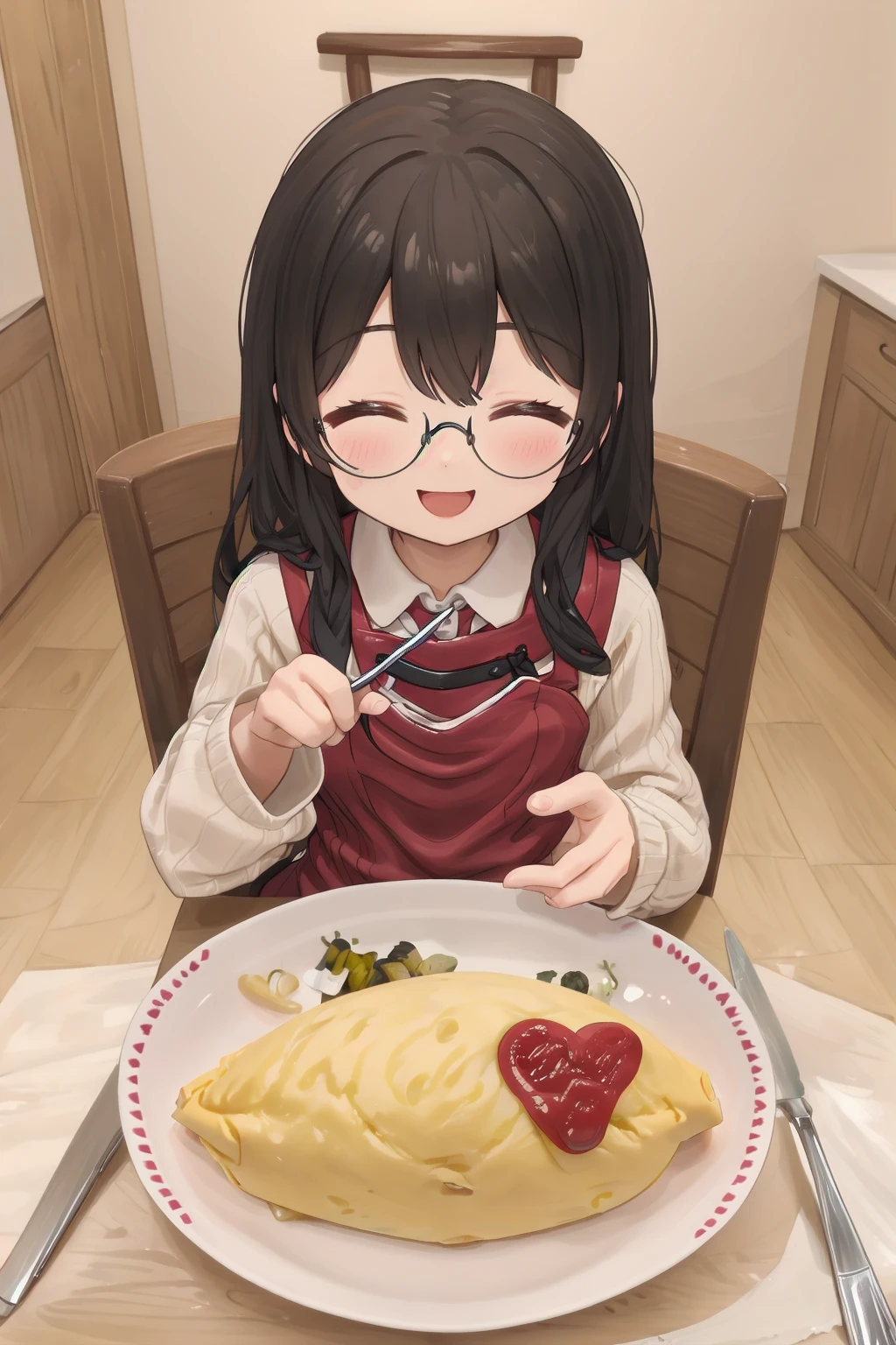 masterpiece, best quality, very aesthetic, absurdres,  
1girl, solo, glasses, black hair, long hair, white ribbed sweater, black apron,  happy, smile, looking at viewer, closed eyes, open mouth, sitting, across table, 
BREAK
omurice_heart, heart, plate, ketchup:1.2), spoon, 
 <lora:omurice_heart_SD15_V1:1>