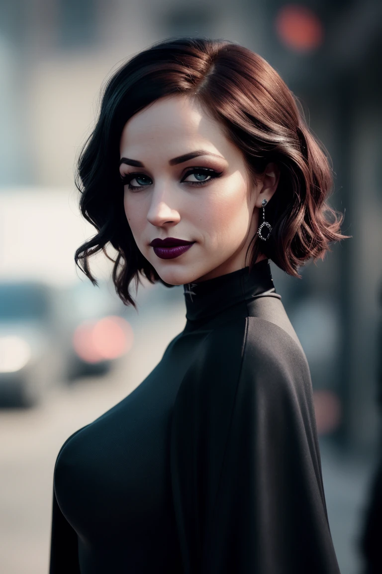 alexisknapp-3945, ((detailed skin, detailed face):1.2), ((detailed eyes, beautiful eyes):1.2),((red lipstick, blush, eye shadow, eyeliner, pale skin)), ,photo of a woman, RAW, close portrait photo, ((black bodysuit, cape)),((short hair, dark red hair)), ((outdoors, detailed scifi city, walking)), slim body, 8k uhd, dslr, soft lighting, high quality, film grain, Fujifilm XT3 sharp focus, f 5.6,((black lipstick, heavy eyeliner, heavy eye shadow, goth makeup, pale skin)) , smiling