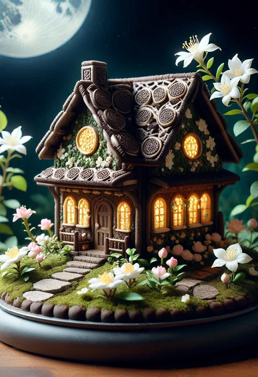 house made of creamy cookies,  set in a moonlit garden, where the flowers glow softly in the light of the moon and the air is filled with the scent of night-blooming jasmine and honeysuckle, ,Masterpiece,best quality, photo, realistic, very aesthetic, microscopic photography, magnified, molecular, unseen worlds revealed, scientific exploration, capturing molecular details, professional imaging techniques, precise focusing, revealing hidden beauty, scientific discovery, artistic interpretation, nano scale, revealing the wonders of the unseen