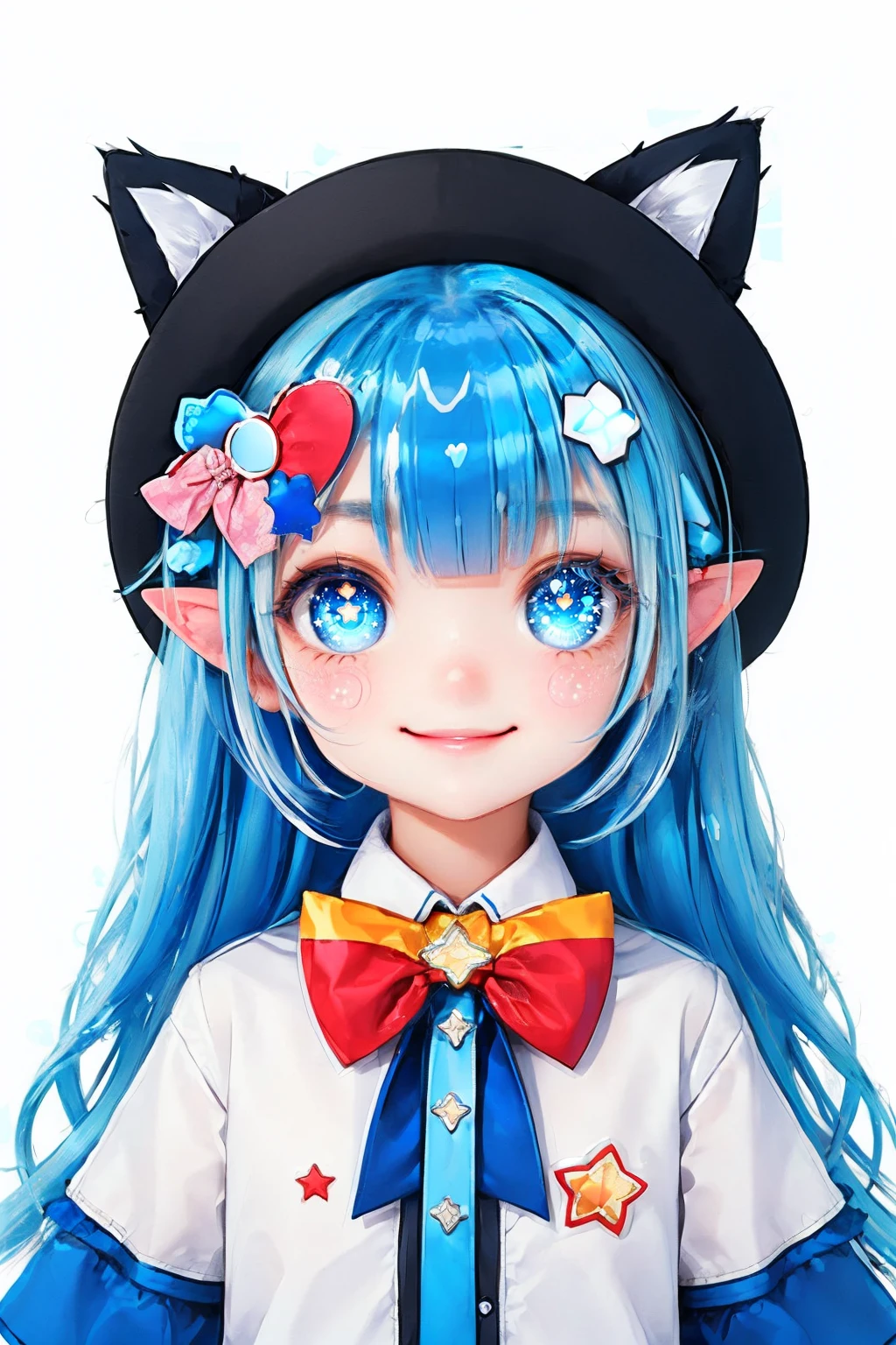 1girl, animal ears, blue eyes, blue hair, bow, hat, heart-shaped pupils, multicolored hair, pointy ears, smile, solo, star (symbol), star hair ornament, streaked hair, virtual youtuber, vtuber