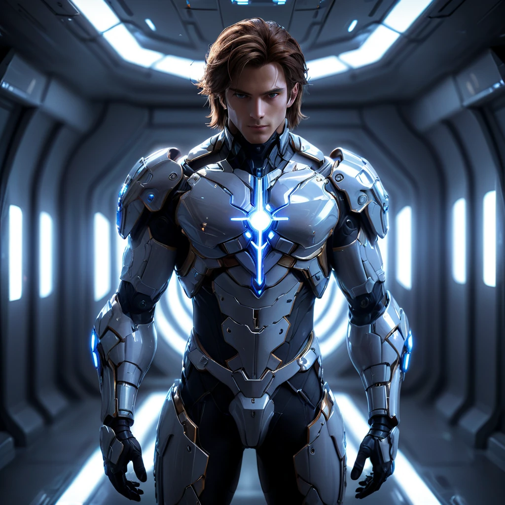 divine (male:1.3), brown beautiful hair, standing in a futuristic spaceship, futuristic, scifi bodysuit, glossy, delicate frame, angelic appearance, armor, cyborg, deus ex human revolution, silver and blue glow, SilverPulse, masterpiece, best quality, highly detailed, sharp focus, dynamic lighting