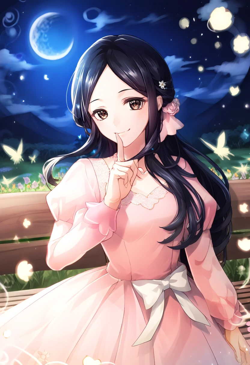 score_9, score_8_up, score_7_up, source_anime  BREAK
1girl, wearing hair down, straight hair, long hair, outdoors, night, bench, fireflies, flowers, grass, moon, clouds, solo, perfect hands
<lora:CoD_Lora_Pony:1> C0D_Art_LoraP
hair down, 1girl, woman, female, black hair, long hair, hair down, center part, forehead, pink dress, princess dress, pink sleeves floral dress, puffy sleeves, dark brown eyes, small breasts, smile,
smile, looking at viewer, hu5h1ng, finger to mouth
solo
white background
<lora:Hush:1>