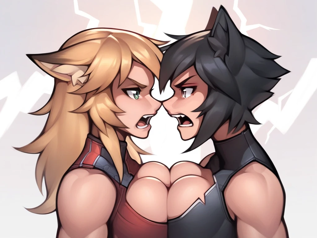 <lora:roadi3-PonyXL-1024px:0.9>
score_5_up, score_6_up,
2girls, fox ears, upper body, large breast, asymmetrical docking, angry, open mouth, looking at another, short hair, long hair, blonde hair, black hair, lightning_glare