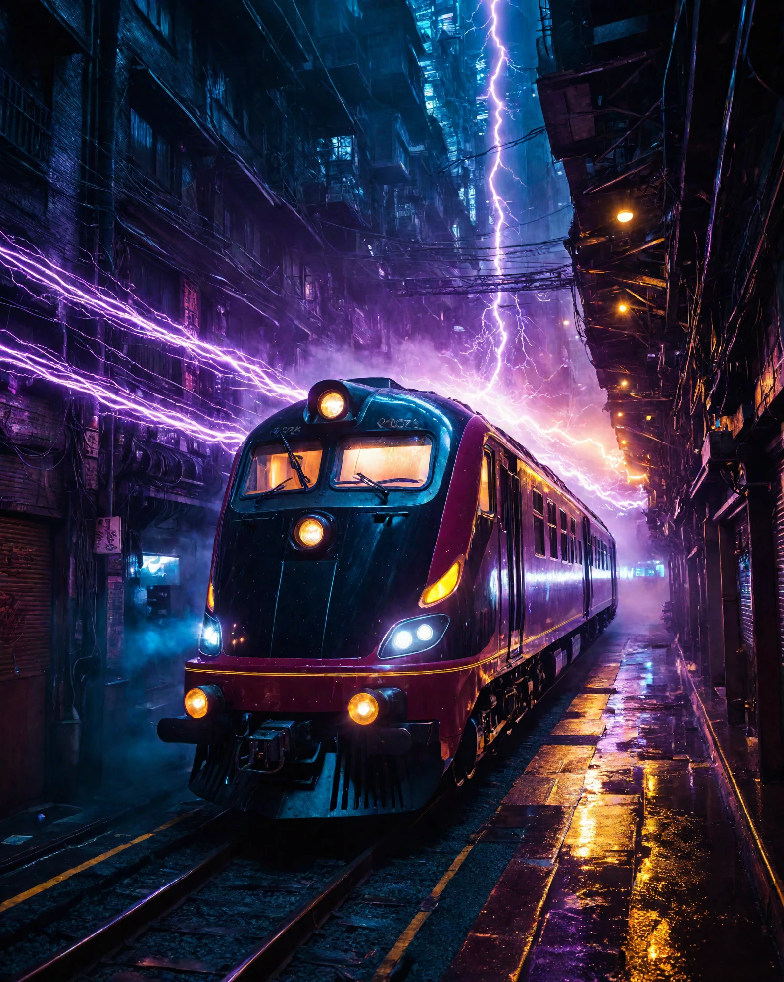 a scifi futuristic concept steam locomotive, curvy and aerodynamic, Kowloon walled city narrow winding alleyway, light speed, flash, heavy rain, motion trail, a shining star(sun) in the background, (speed lines:1.1), (motion blur:1.1), high contrast, deep focus, TRON, style by Ridley Scott, Cyberpunk 2077, Bladerunner, fog, mist, epic visual effects, arc lightning, underglow, interstellar, flow, detailed, scifi, extremely detailed textures, star blast, dark vibrant colors, cosmic art, stars in background, headlights, cinematic scene, lens flare, cinematic color grading, film still, god rays, glow, art of Doug Chiang and John Park glowneon, fuji cinestill, light leak, glowing, sparks, lightning, ultra detailed <lora:add-detail-xl:2>, dramatic lighting <lora:blacklight_makeup_v2:1> ultraviolet blacklight reactive paint, powerlines, catwalks, alleyway <lora:SDS_Contrast tool_XL:0.8>