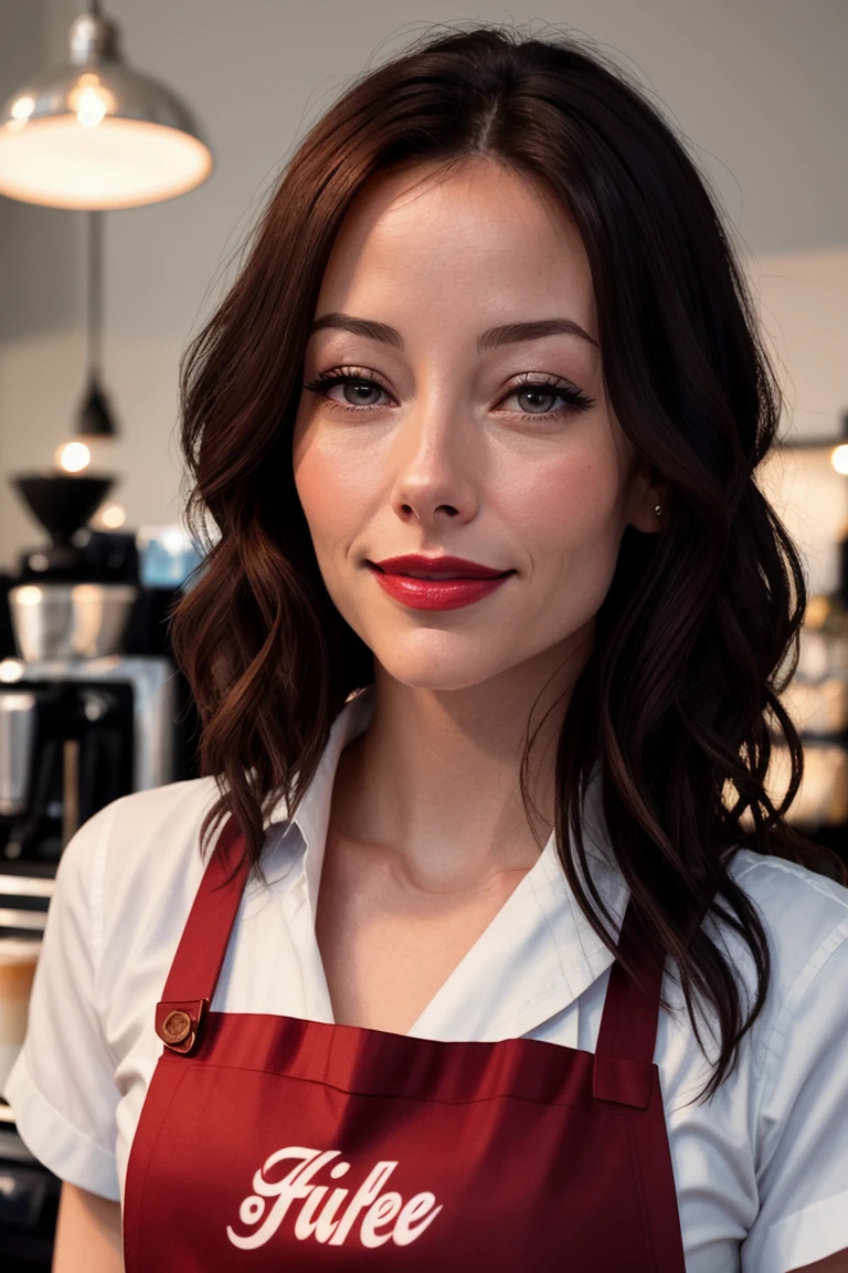ameliacooke-2295, ((detailed skin, detailed face):1.2),((detailed eyes, beautiful eyes):1.2), ((red lipstick, blush, eye shadow, eyeliner, pale skin)), , ,photo of a woman, RAW, ((barista uniform, shirt, apron, coffee)), ((short hair, dark red hair)), ((in a coffee shop)), , 8k uhd, dslr, soft lighting, high quality, film grain, Fujifilm XT3 sharp focus, f 5.6, , smiling