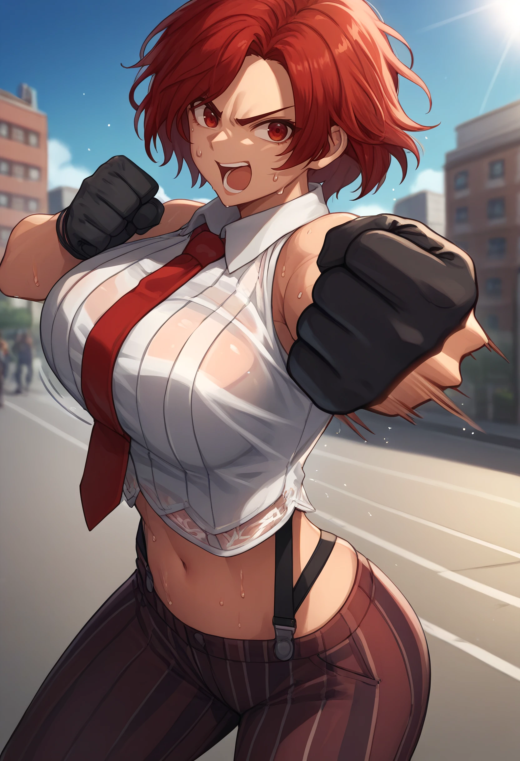 score_9, score_8_up, score_7_up, source_anime BREAK 1girl, solo, cowboy shot, looking at viewer,
<lora:VanessaKofDwnsty-000007:1.1>, vanessakofdwnsty, red hair, red eyes, short hair, red necktie, black gloves, vertical-striped shirt, collared shirt, sleeveless shirt, see-through, bare shoulders, vertical-striped pants, multicolored pants, navel, midriff, 
large breasts, skindentation,  open mouth, excited, sweat, motion lines, clenched hand, fighting stance, incoming punch, outstretched arm, foreshortening,  
outdoors, street, city, blue sky, landscape, sunlight,