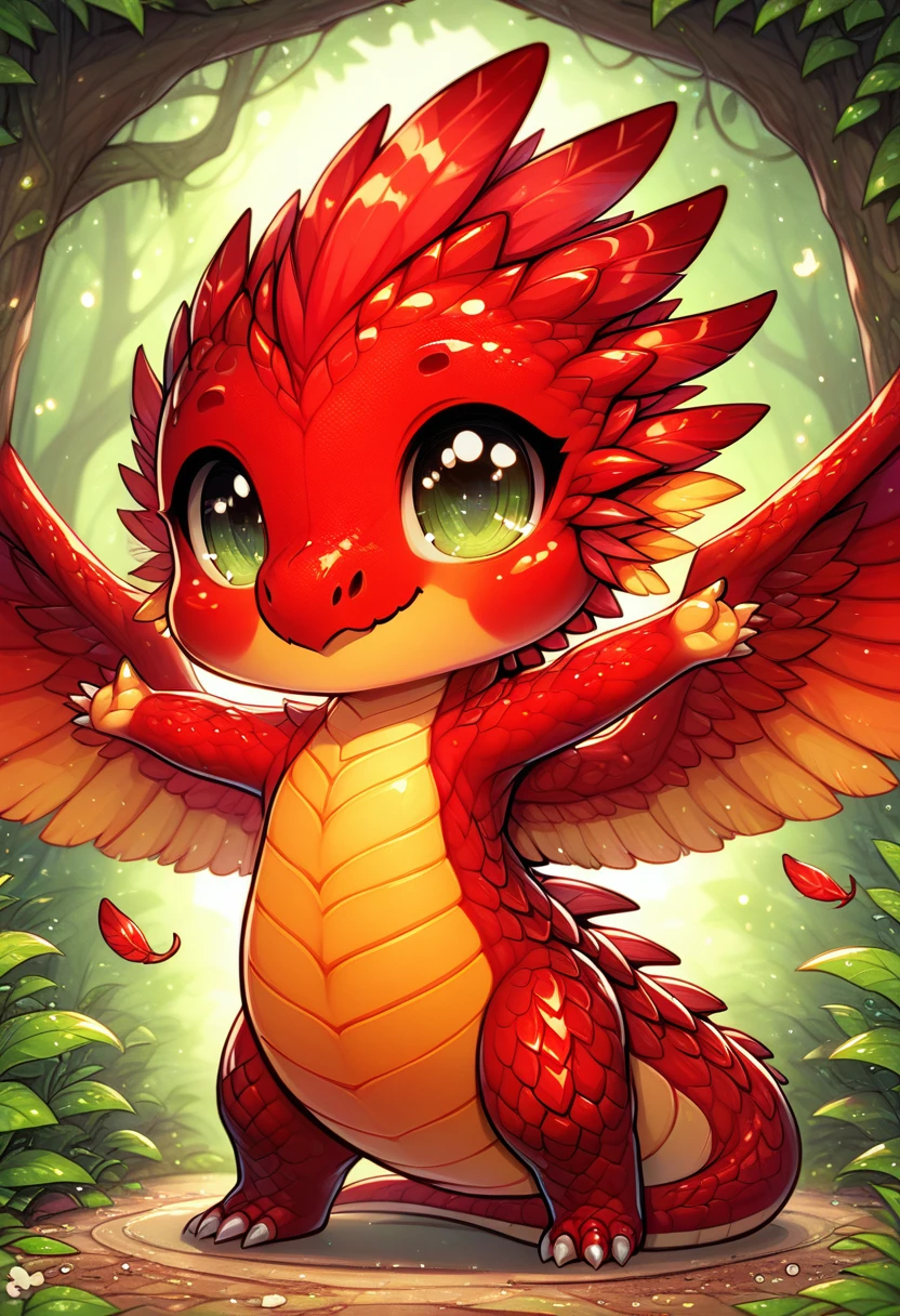score_9, score_8_up, score_7_up, source_anime BREAK
jungle, trees, bushes
cheeb_drg, chibi, (red scales:1.7), (orange underbelly:1.7), dragon, happy, dancing, green eyes, facing viewer, (feathered wings:1.8), wings, (feathers:1.6)
beautiful background, detailed scenery
<lora:ClearHand-V2:1>
<lora:add-detail-xl:1>
<lora:PE_AnimeBG:1> <lora:Chibi_Dragon:1>