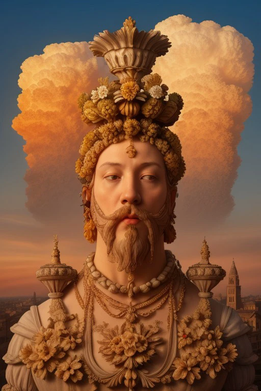 Cloud,style of Giuseppe Arcimboldo, Renaissance style concept of an ancient city scape, mold, flowers, trees, and fungus growing,  ornate pots of all shapes and colors, clear skies, golden hour, Vibrant colors, hd resolution, intricate details, Art Nouveau Style,