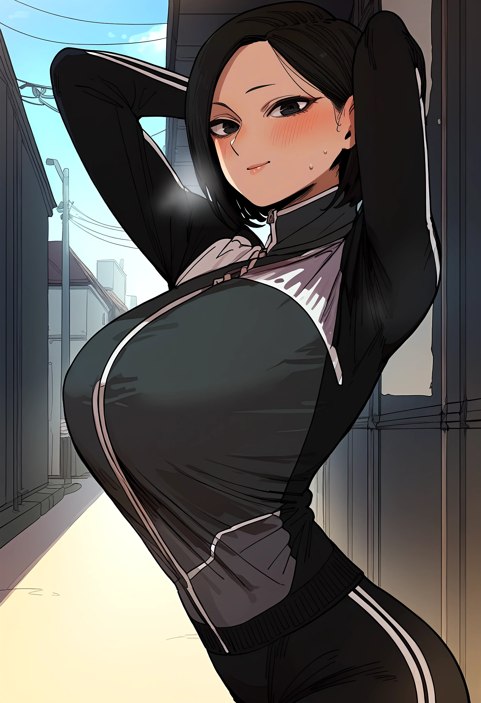 score_9, score_8_up, score_7_up, score_6_up, source_anime, rating_explicit, <lora:neg4all_bdsqlsz_V3.5:2.0>1girl, solo, huge breasts, <lora:Woo Ji-youngponyxl:1> short hair, black hair, black eyes, (forehead:0.8), bob cut, track jacket, black jacket, long sleeves, track pants, black pants, smile, Narrow shoulders, heavy breathing, steaming body, alley, outdoors, looking at viewer, standing, arms behind head, close-up