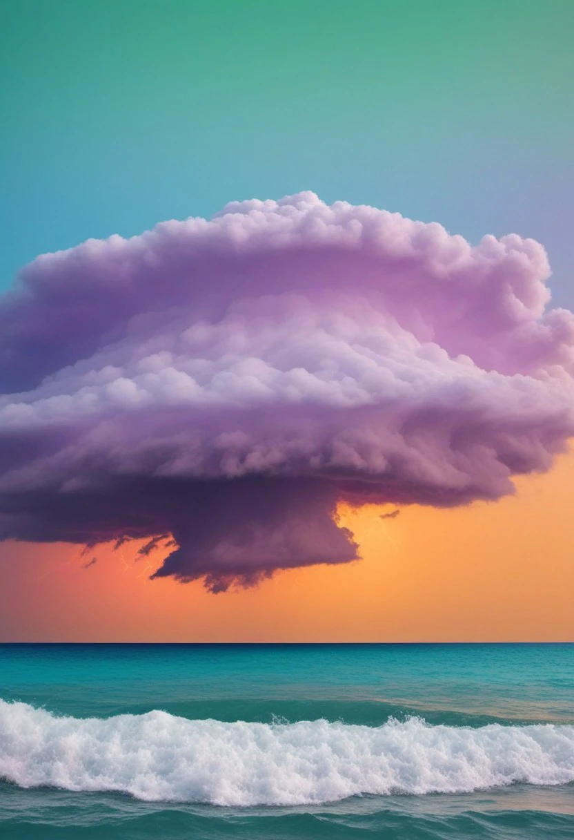 Wide focus,Huge clouds over ocean, vapor wave,Light mood masterpiece photography, realistic, realistic photograph, gaudy, Lisa Frank inspired, Lisa Frank colors,, neon orange, maximalism, green and blue and pink, purple, , soft rug, neon,